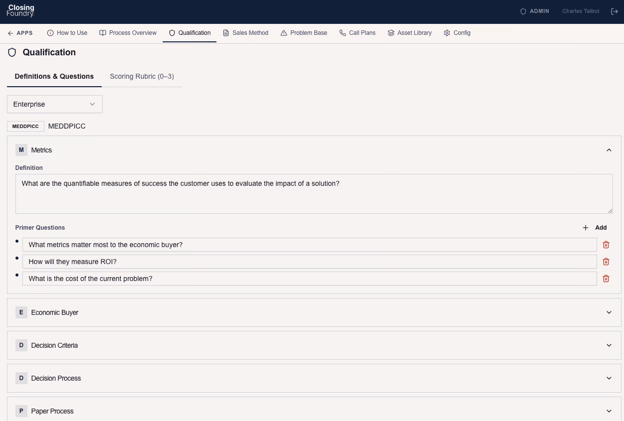 Sales qualification app screen showing MEDDPICC framework with Metrics section expanded, listing definition and primer questions about success measures and ROI.